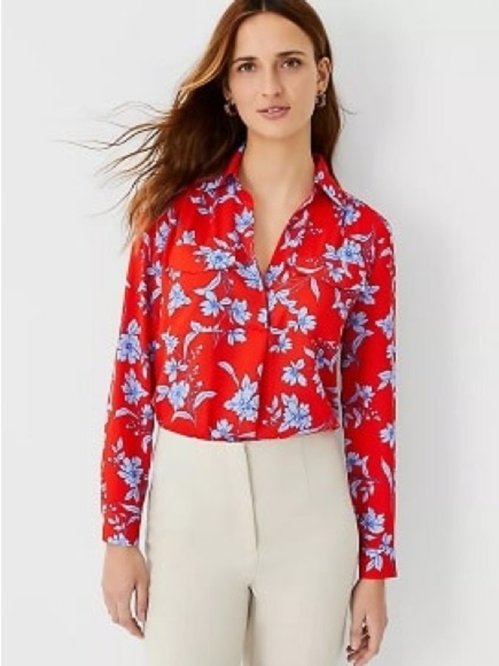 Ann Taylor Red Blue Floral Button Down Shirt Sz L